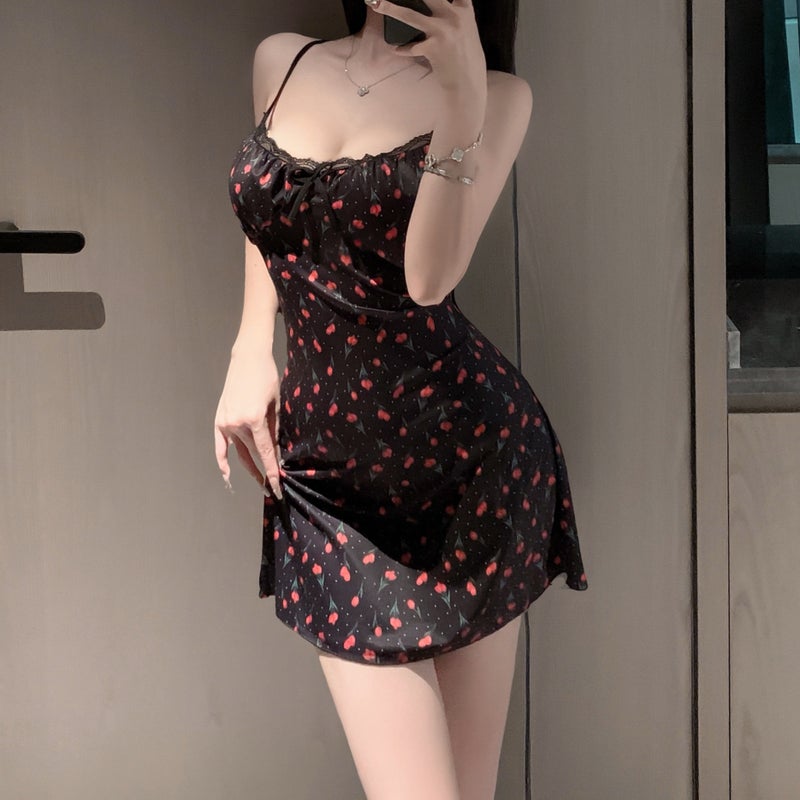 Elegant Floral and Polka Dot Print Slip Dress - Adjustable Strap Nightgown with Removable Cups for Women - Image 4