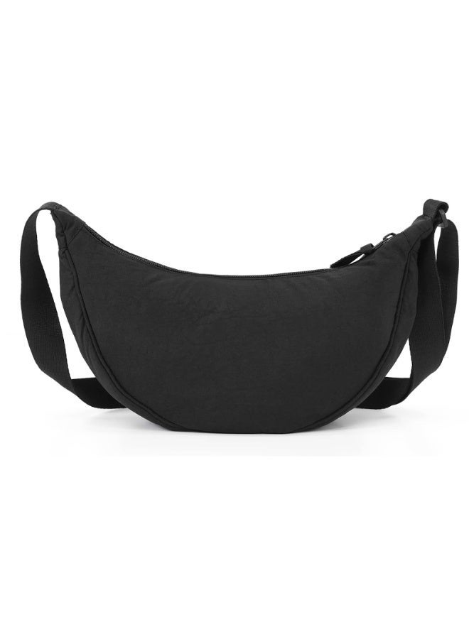 Black Nylon Crescent Crossbody Hobo Sling Bag with Adjustable Strap, 33x17x10cm - Image 4
