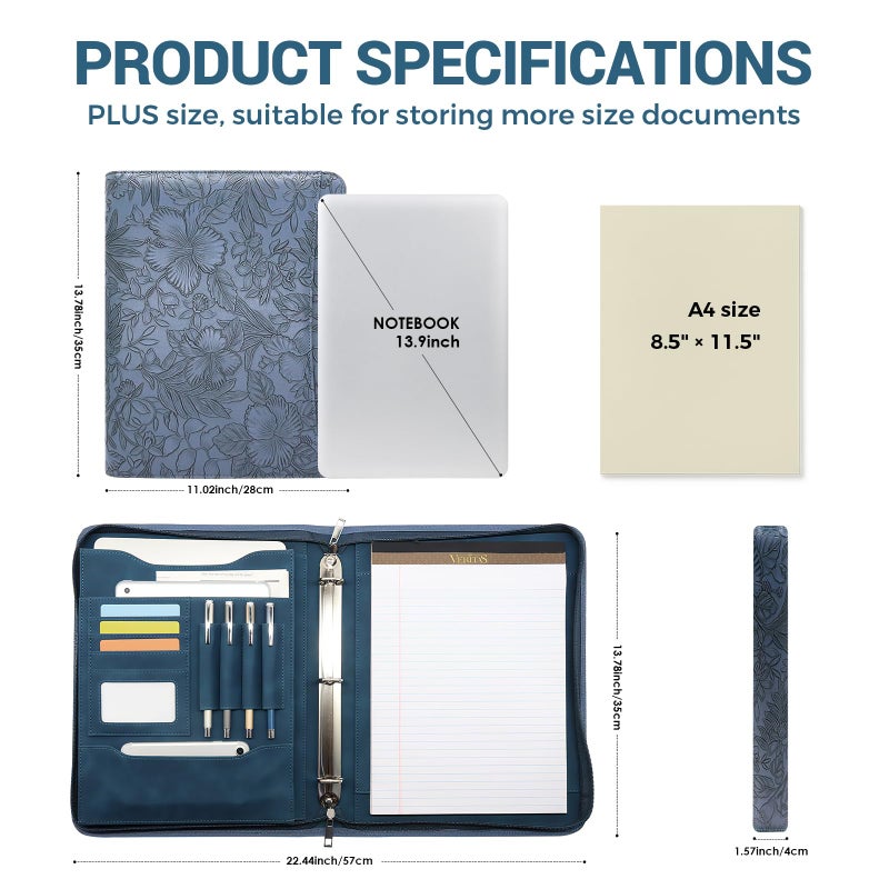 FORTAVEM Embossed Faux Leather Zippered Padfolio with 3 Ring Binder, Executive Portfolio Organizer Binder for Women, Fits 13.9" Laptop/Tablet, Refillable Writing Pad Pocket, Blue - Image 3
