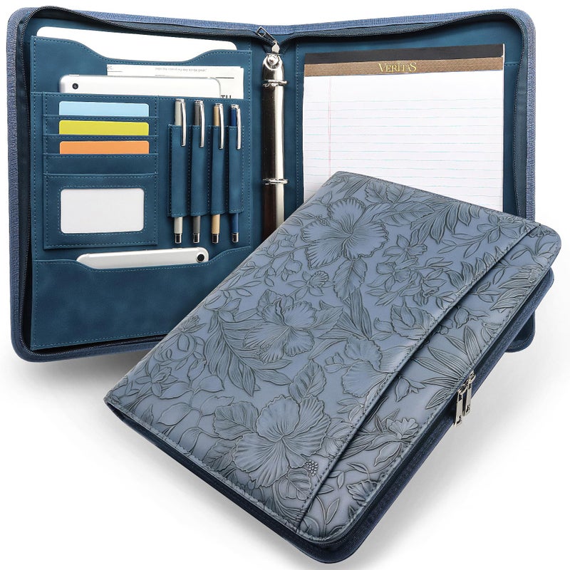 FORTAVEM Embossed Faux Leather Zippered Padfolio with 3 Ring Binder, Executive Portfolio Organizer Binder for Women, Fits 13.9" Laptop/Tablet, Refillable Writing Pad Pocket, Blue - Image 1