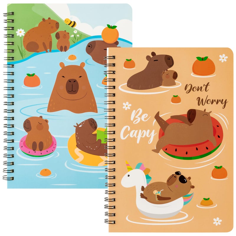 B1ykin A5 Spiral Notebooks - 2Pcs 50 sheets 100 Pages Cute Wire Bound Travel Journal Spiral Notebook, Writing Notepads Memo Diary Notes Study School Work for Kids School Classroom Office (Capybara) - Image 1