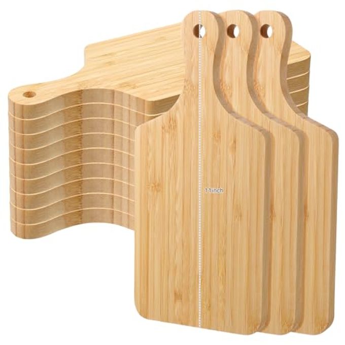 Patelai 12 Pcs Thicken Bamboo Cutting Board Bulk Wood Chopping Unfinished Crafts Serving Charcuterie Boards for DIY Wedding Housewarming Gift(Handle)
