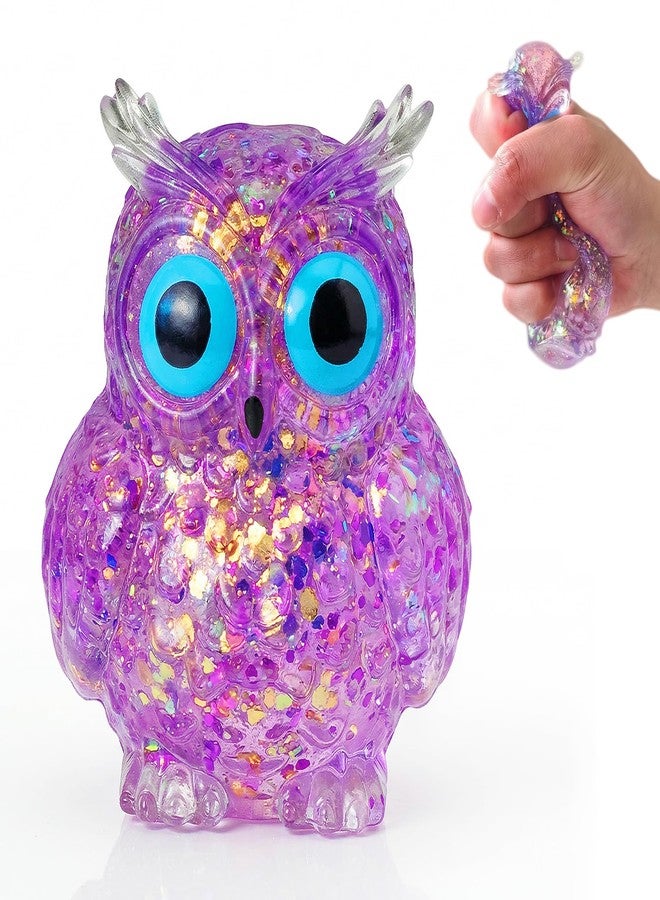 EVDERS 1Pcs Owl Squishy Toys, Glitter Sensory Stress Balls for Anxiety Relief, Sugar Squishy Balls Fidget Toys for Kids Adults, Owl Sugar Ball for Party Favors Goodie Bags Stuffer (Purple) - Image 1
