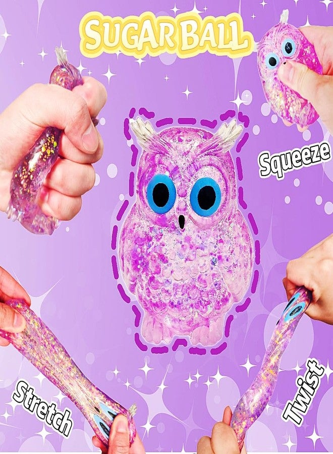 EVDERS 1Pcs Owl Squishy Toys, Glitter Sensory Stress Balls for Anxiety Relief, Sugar Squishy Balls Fidget Toys for Kids Adults, Owl Sugar Ball for Party Favors Goodie Bags Stuffer (Purple) - Image 3