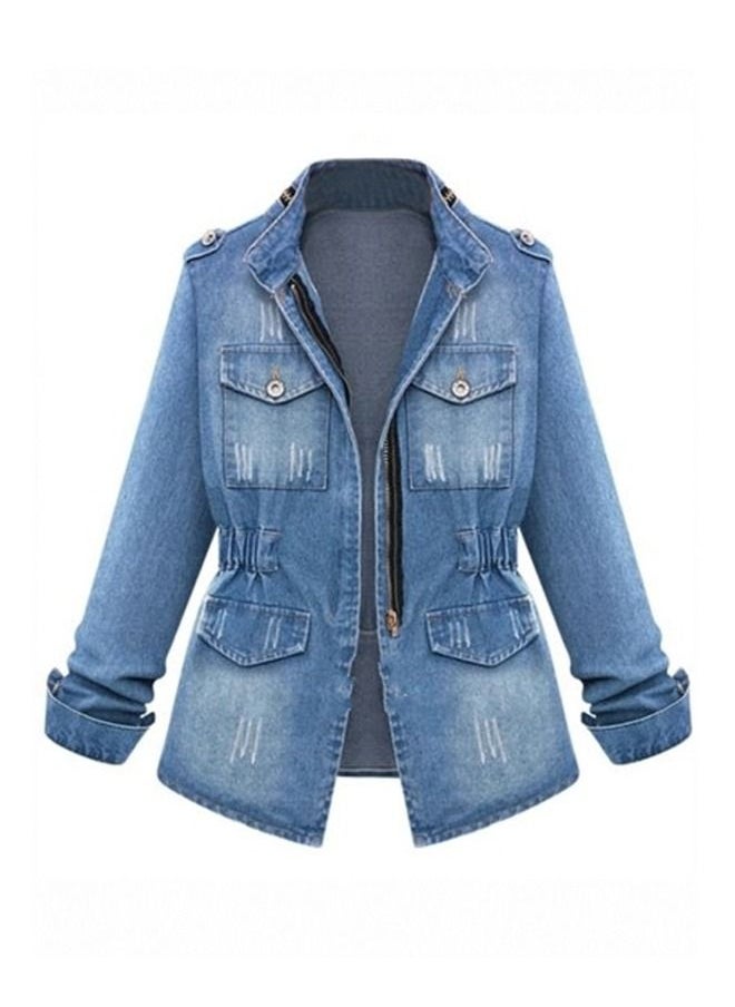 Generic Stand Collar Long Sleeve Pocket Denim Jacket  - Image 1