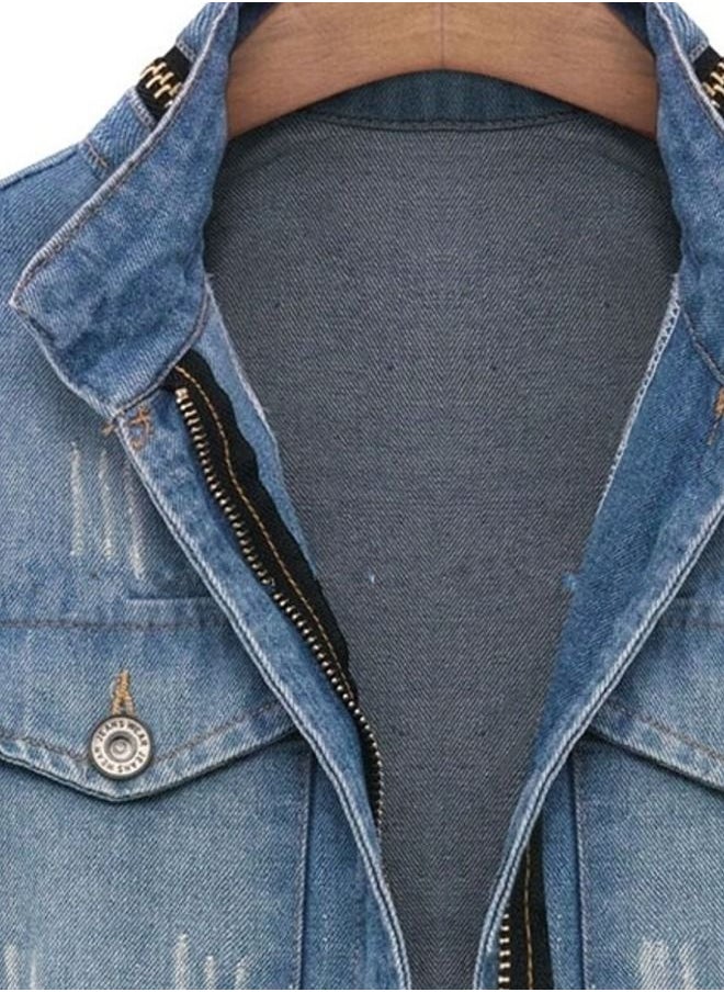 Generic Stand Collar Long Sleeve Pocket Denim Jacket  - Image 3
