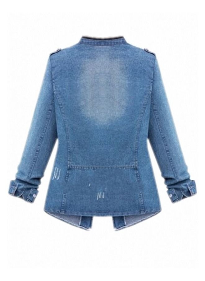 Generic Stand Collar Long Sleeve Pocket Denim Jacket  - Image 2