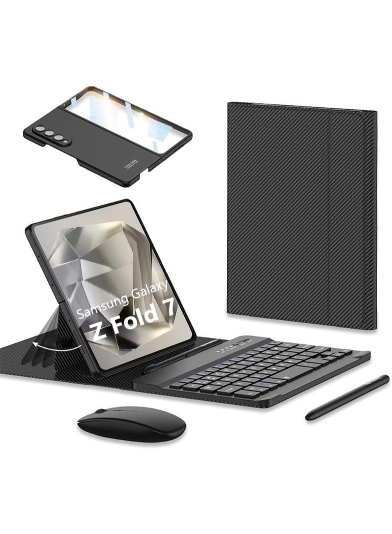 Muzz Galaxy Z Fold 7 Keyboard Case, Mouse and Stylus Pen with Phone Holder Metal Folding Case, Wireless Keyboard, Stylus Pen Holder, Carbon Fiber Black - Image 1