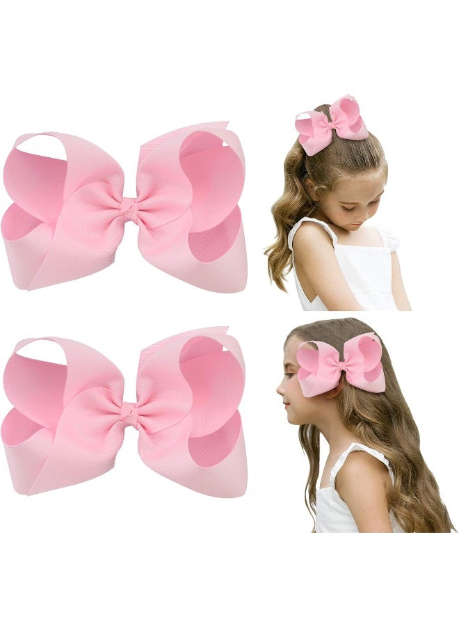 DEEKA 2 PCS 6" Big Hand-made Grosgrain Ribbon Solid Color Hair Bows Alligator Clips Hair Accessories for Little Teen Toddler Girls Kids Set of 2 -Light Pink - Image 1