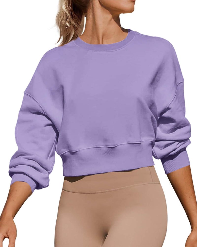 Joywayco Women's Long Sleeve Round Neck Cropped Sweatshirts Comfy Fleece Casual Pullover Tops (Purple,Large,Female,Adult,US,Alpha,Large,Regular,Regular) - Image 1
