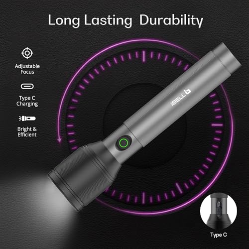 IBELL LUMINEX 900 Rechargeable Torch Light High Power,3 Light Modes, 20W, 4000 mah Battery,Telescopic Zoom,Type C Charging, LED Flashlight, Long Distance Range, for Home,Outdoor & Emergency Use (Grey) - Image 5