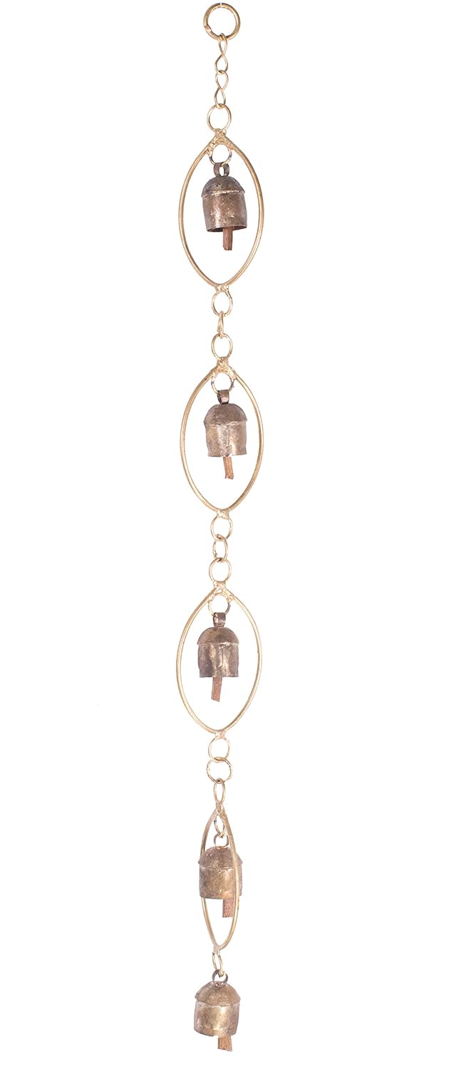 Ethnics of Kutch Ethnics of Kutch Hand Made Metal Bells Wrought Iron CopperZinc Coated Home Dcor Chimes Cow Bell Oval Series 5 Bells 60 cms Length Colour Copper BEL0064 - Image 1