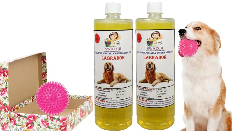 swacch Shampoo | Puppy Safe Shampoo | PH Balanced | Ditch to Itch for Labrador Dog Shampoo 2 Litre (Lemon) + Spike Ball Chew Toy Combo Pack - Image 1
