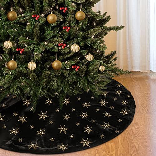 Amidaky Christmas Tree Skirt Black 30 Inch Faux Fur with Gold Glitter Snowflake Soft Fluffy Tree Skirt for Christmas Party Decoration, Black Gold Snowflake - Image 1