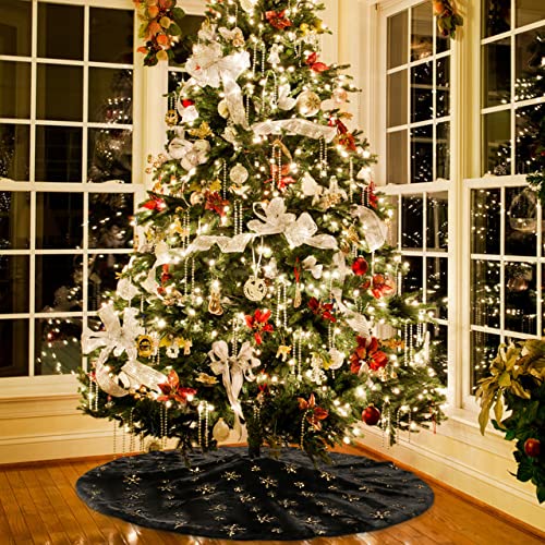 Amidaky Christmas Tree Skirt Black 30 Inch Faux Fur with Gold Glitter Snowflake Soft Fluffy Tree Skirt for Christmas Party Decoration, Black Gold Snowflake - Image 2