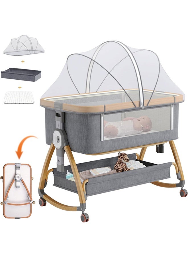 Beauenty 3 In1 Portable adjustable baby bedside crib, large storage basket, travel crib with detachable mosquito net, breathable mattress, and soft mattress with 360-degree swivel wheels for newborns and infants， Grey - Image 1