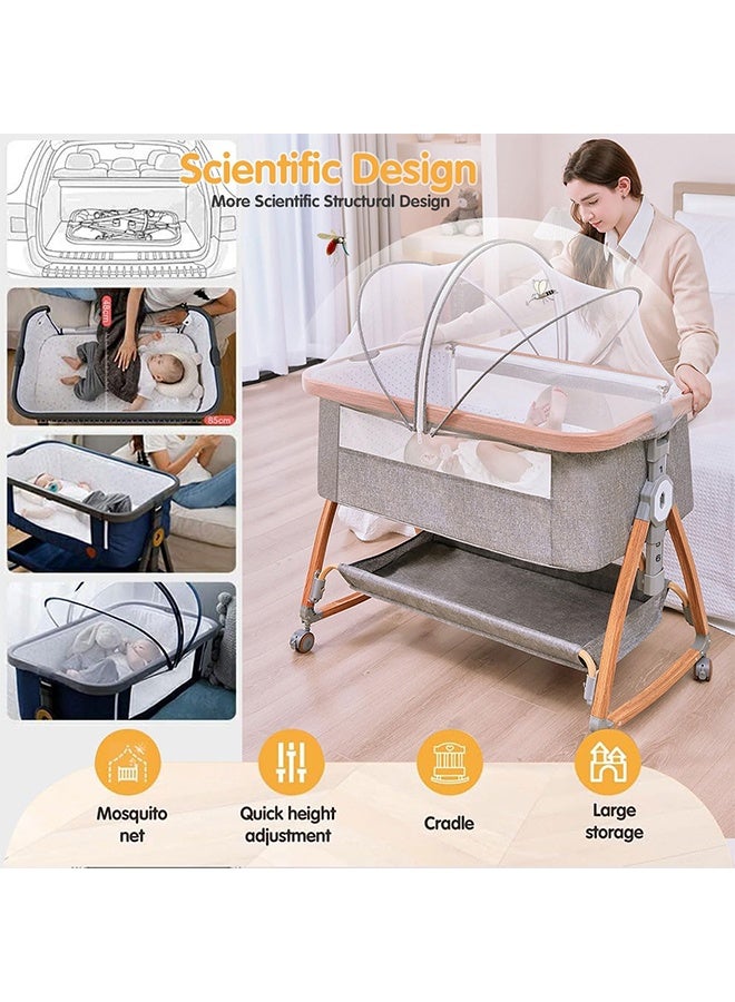 Beauenty 3 In1 Portable adjustable baby bedside crib, large storage basket, travel crib with detachable mosquito net, breathable mattress, and soft mattress with 360-degree swivel wheels for newborns and infants， Grey - Image 2