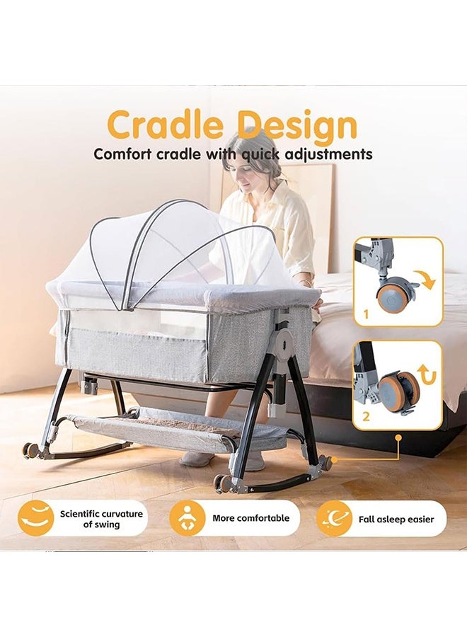 Beauenty 3 In1 Portable adjustable baby bedside crib, large storage basket, travel crib with detachable mosquito net, breathable mattress, and soft mattress with 360-degree swivel wheels for newborns and infants， Grey - Image 3