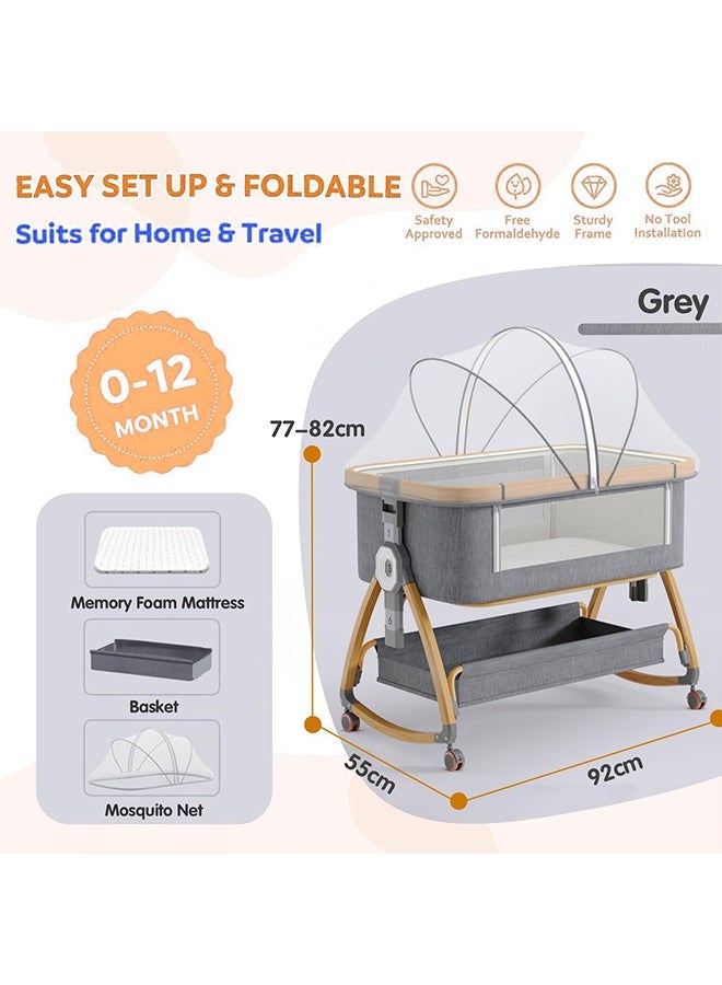 Beauenty 3 In1 Portable adjustable baby bedside crib, large storage basket, travel crib with detachable mosquito net, breathable mattress, and soft mattress with 360-degree swivel wheels for newborns and infants， Grey - Image 5