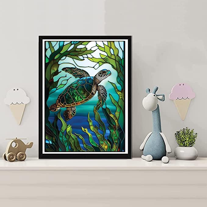 KTHOFCY 5D DIY Diamond Painting Kits for Adults Kids, Sea Turtle Stained Glass Full Drill Embroidery Cross Stitch Crystal Rhinestone Paintings Pictures Arts Wall Decor Painting Dots Kits 15.7X11.8 in - Image 2