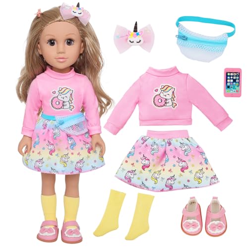 Ecore Fun 18 Inch Girl Doll with Clothes Accessories Fashion Doll with Styling Brown Hair Unicorn Hair Clip Phone Bag Outfit Shoes Gift Ready for Birthday Pretend Play - Image 1