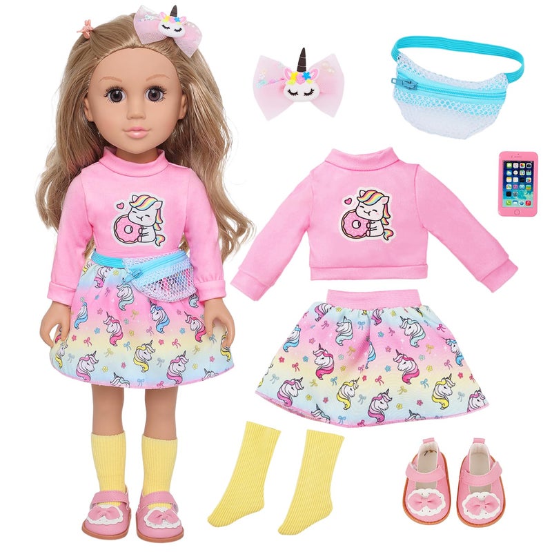 Ecore Fun 18 Inch Girl Doll with Clothes Accessories Fashion Doll with Styling Brown Hair Unicorn Hair Clip Phone Bag Outfit Shoes Gift Ready for Birthday Pretend Play - Image 3