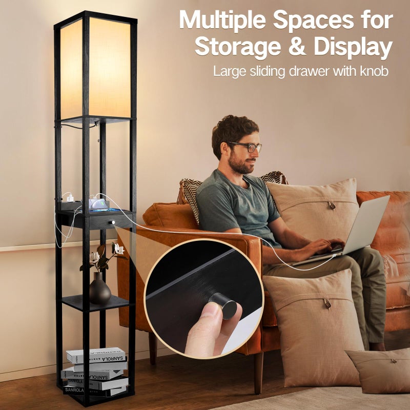 OUTON Floor Lamp with Shelves, 1 Drawer, 2 USB-C Ports, 2 AC Outlets, LED Modern Floor Lamp with 3 Color Temperature, Storage Display Wood Standing Lamp for Living Room, Bedroom, Office (Black) - Image 4
