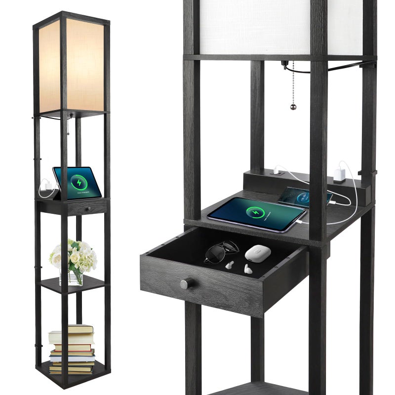 OUTON Floor Lamp with Shelves, 1 Drawer, 2 USB-C Ports, 2 AC Outlets, LED Modern Floor Lamp with 3 Color Temperature, Storage Display Wood Standing Lamp for Living Room, Bedroom, Office (Black) - Image 1
