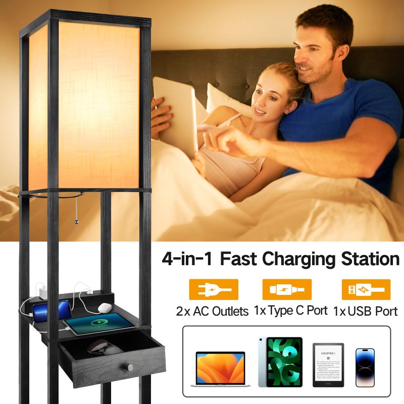 OUTON Floor Lamp with Shelves, 1 Drawer, 2 USB-C Ports, 2 AC Outlets, LED Modern Floor Lamp with 3 Color Temperature, Storage Display Wood Standing Lamp for Living Room, Bedroom, Office (Black) - Image 3