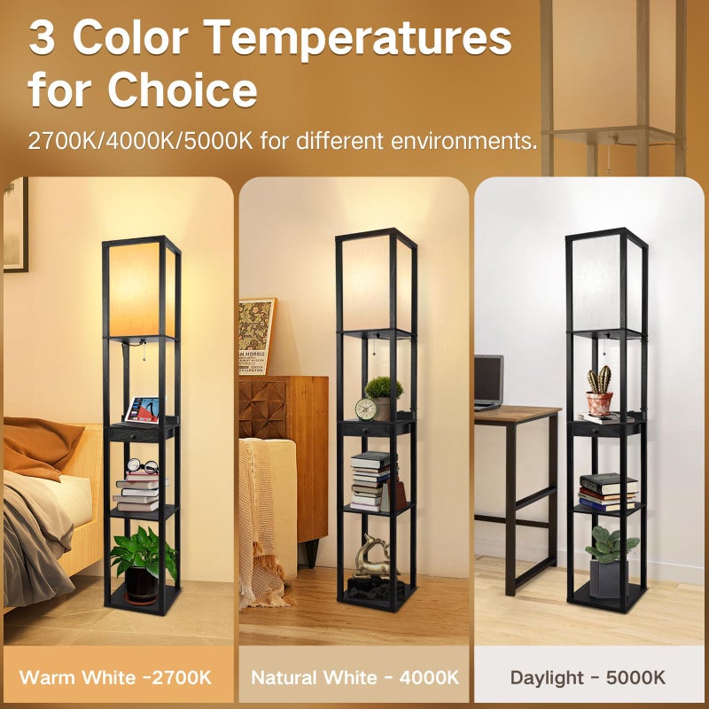 OUTON Floor Lamp with Shelves, 1 Drawer, 2 USB-C Ports, 2 AC Outlets, LED Modern Floor Lamp with 3 Color Temperature, Storage Display Wood Standing Lamp for Living Room, Bedroom, Office (Black) - Image 2
