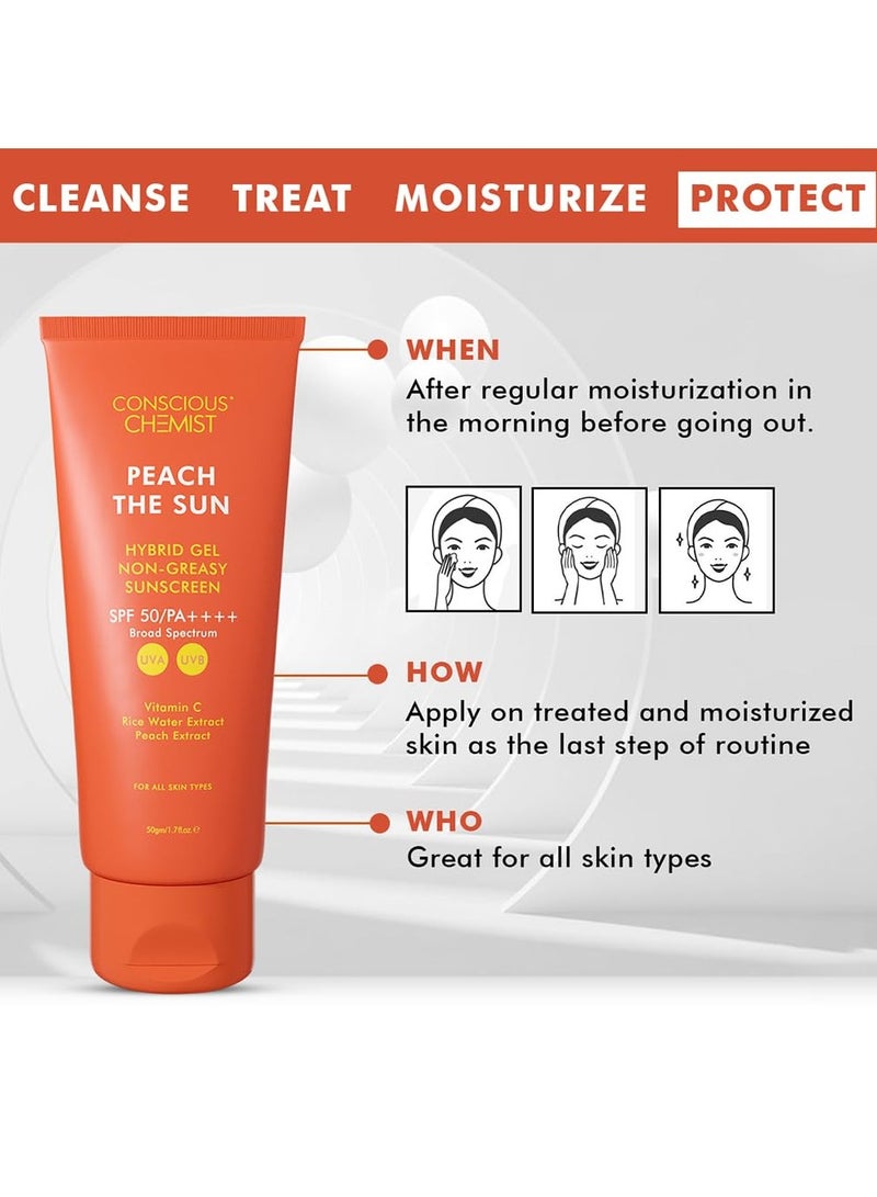كيميائي واعي واقي من الشمس بعامل حماية من الشمس SPF 50 PA++++ | 50 جم | للبشرة الدهنية، جل بفيتامين C وماء الأرز وخلاصة الخوخ | هجين خفيف الوزن لجميع أنواع البشرة - Image 4