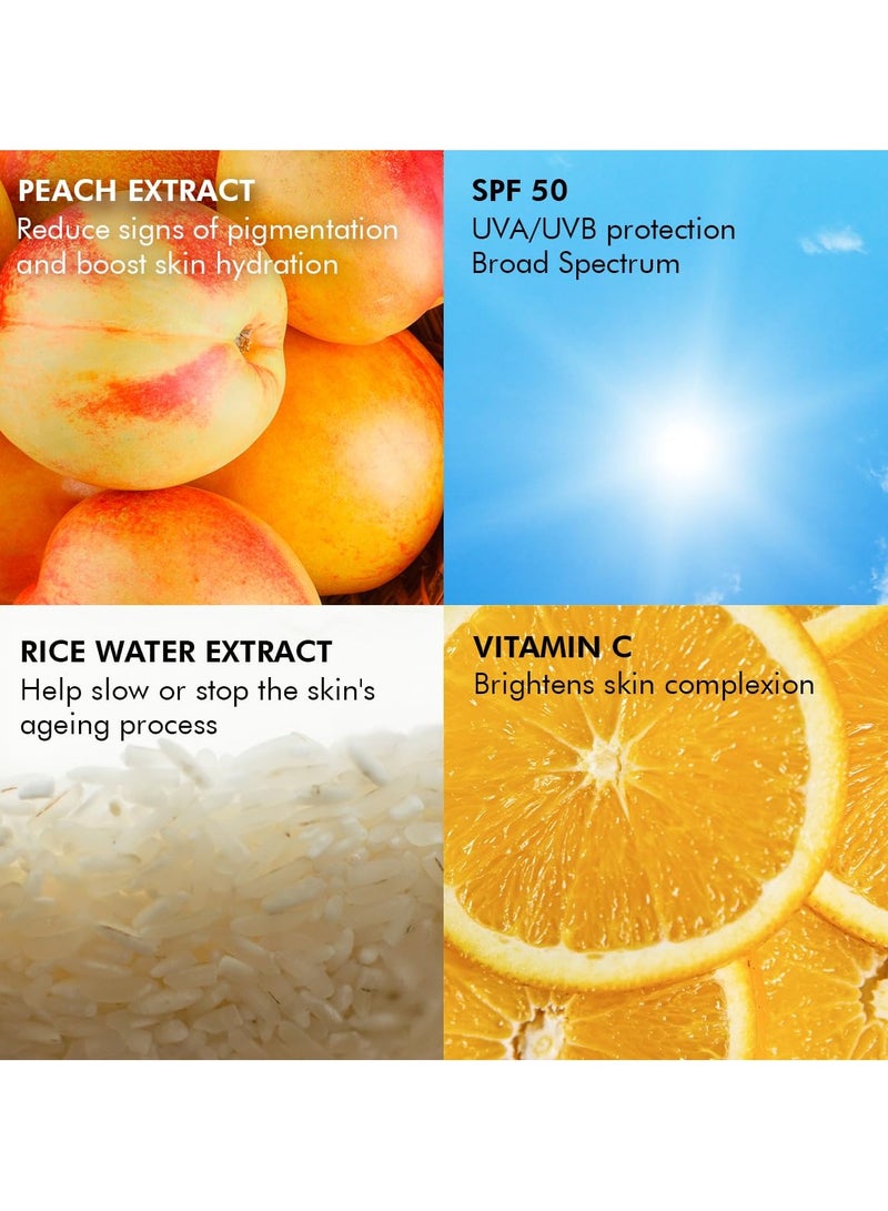 كيميائي واعي واقي من الشمس بعامل حماية من الشمس SPF 50 PA++++ | 50 جم | للبشرة الدهنية، جل بفيتامين C وماء الأرز وخلاصة الخوخ | هجين خفيف الوزن لجميع أنواع البشرة - Image 5