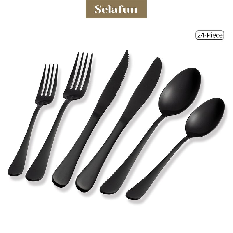 Selafun مجموعة أدوات المائدة Selafun 24 قطعة باللون الأسود غير اللامع. مجموعة أدوات المائدة المصنوعة من الفولاذ المقاوم للصدأ باللون الأسود غير اللامع والتيتانيوم. مجموعة أواني للمطابخ. آمنة للاستخدام في غسالة الأطباق (خدمة لـ 4 أشخاص) - Image 3