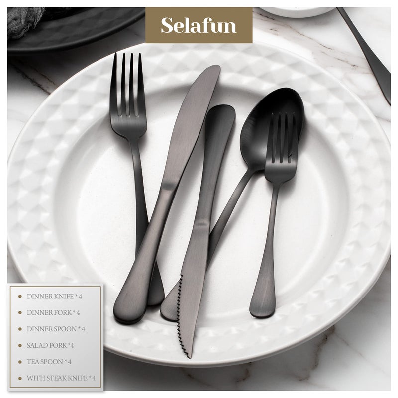 Selafun مجموعة أدوات المائدة Selafun 24 قطعة باللون الأسود غير اللامع. مجموعة أدوات المائدة المصنوعة من الفولاذ المقاوم للصدأ باللون الأسود غير اللامع والتيتانيوم. مجموعة أواني للمطابخ. آمنة للاستخدام في غسالة الأطباق (خدمة لـ 4 أشخاص) - Image 4