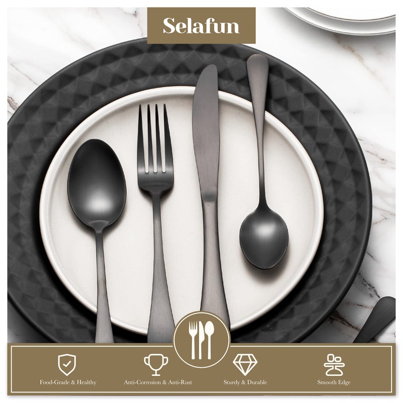 Selafun مجموعة أدوات المائدة Selafun 24 قطعة باللون الأسود غير اللامع. مجموعة أدوات المائدة المصنوعة من الفولاذ المقاوم للصدأ باللون الأسود غير اللامع والتيتانيوم. مجموعة أواني للمطابخ. آمنة للاستخدام في غسالة الأطباق (خدمة لـ 4 أشخاص) - Image 5