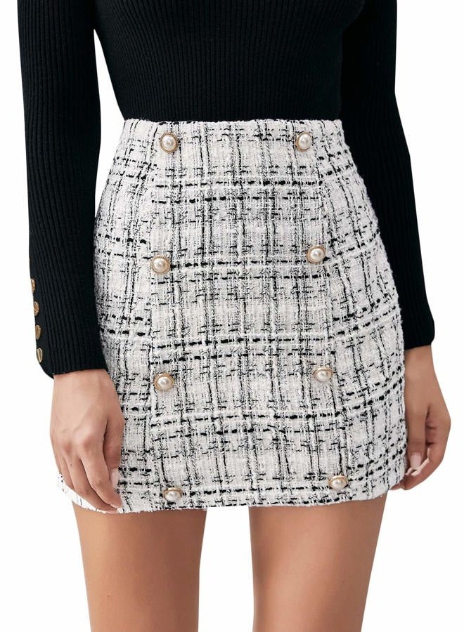 SweatyRocks Women's Elegant High Waist A-line Plaid Tweed Mini Skirt Black and White L - Image 1