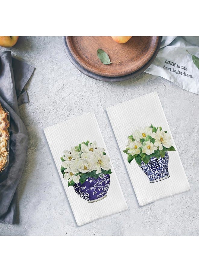 Qpenm Chinoiserie Vase Kitchen Tea Towel Set of 2 - Floral Chinoiserie Dish Towels for Kitchen, Vintage Chinoiserie Kitchen Towels Set, Chinoiserie Waffle Weave Hand Towels for Bathroom 16 X 24 Inch - Image 4
