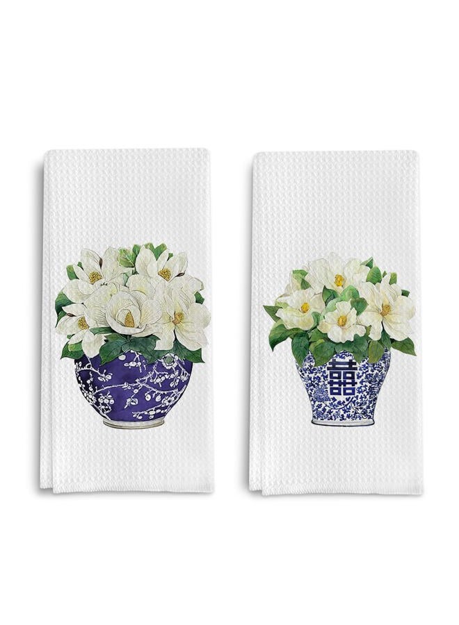 Qpenm Chinoiserie Vase Kitchen Tea Towel Set of 2 - Floral Chinoiserie Dish Towels for Kitchen, Vintage Chinoiserie Kitchen Towels Set, Chinoiserie Waffle Weave Hand Towels for Bathroom 16 X 24 Inch - Image 1