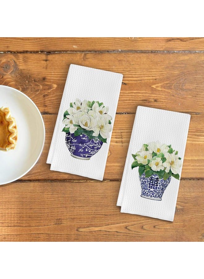 Qpenm Chinoiserie Vase Kitchen Tea Towel Set of 2 - Floral Chinoiserie Dish Towels for Kitchen, Vintage Chinoiserie Kitchen Towels Set, Chinoiserie Waffle Weave Hand Towels for Bathroom 16 X 24 Inch - Image 3