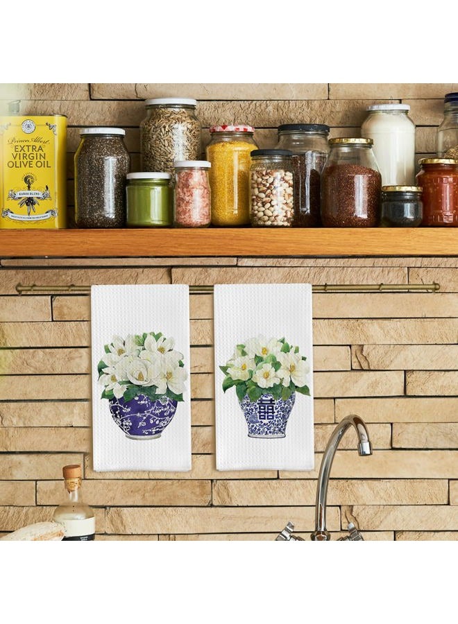 Qpenm Chinoiserie Vase Kitchen Tea Towel Set of 2 - Floral Chinoiserie Dish Towels for Kitchen, Vintage Chinoiserie Kitchen Towels Set, Chinoiserie Waffle Weave Hand Towels for Bathroom 16 X 24 Inch - Image 2