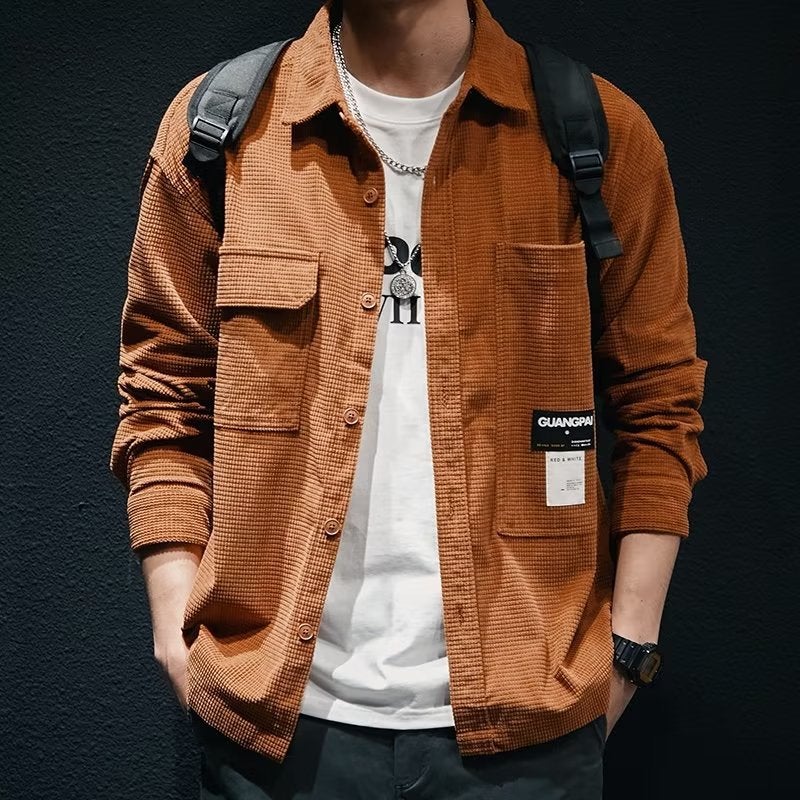 Spring and Autumn waffle heavy texture shirt mens Japanese fashion brand workwear shirt long sleeve loose plus size casual jacket 3043 apricot  - Image 2