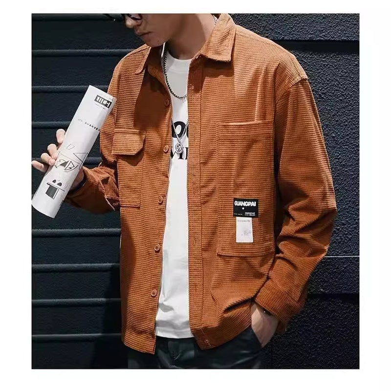 Spring and Autumn waffle heavy texture shirt mens Japanese fashion brand workwear shirt long sleeve loose plus size casual jacket 3043 apricot  - Image 4