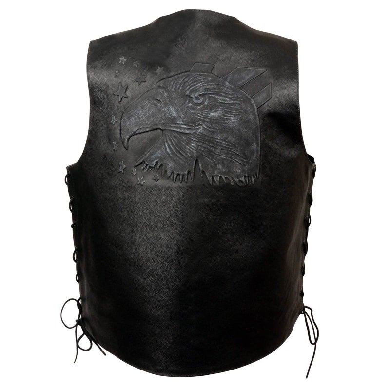 EVENT LEATHER ELM3900 Mens Motorcycle Riders Black Leather Vest wEmbossed American Bald Eagle Head and Stars  4XLarge