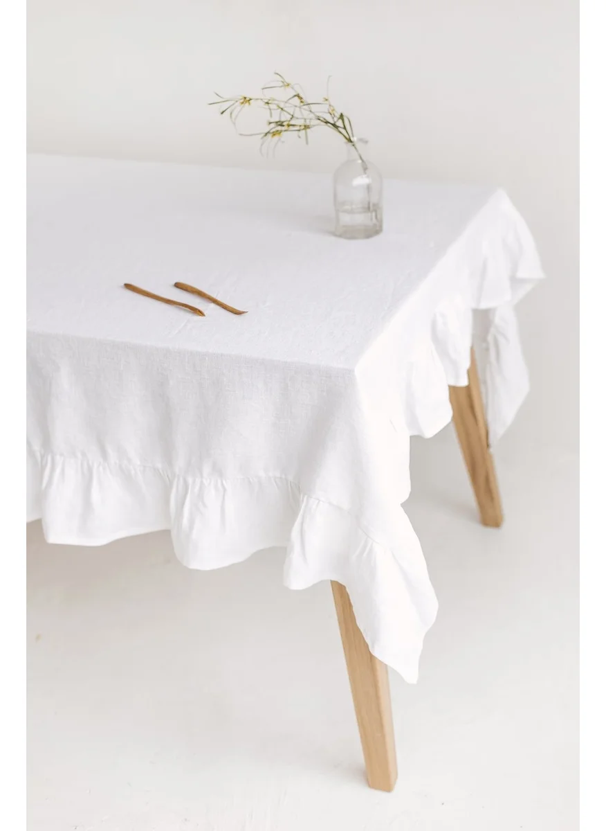 Wellstil Rufle Linen Ruffle White Tablecloth 160 x 220 cm