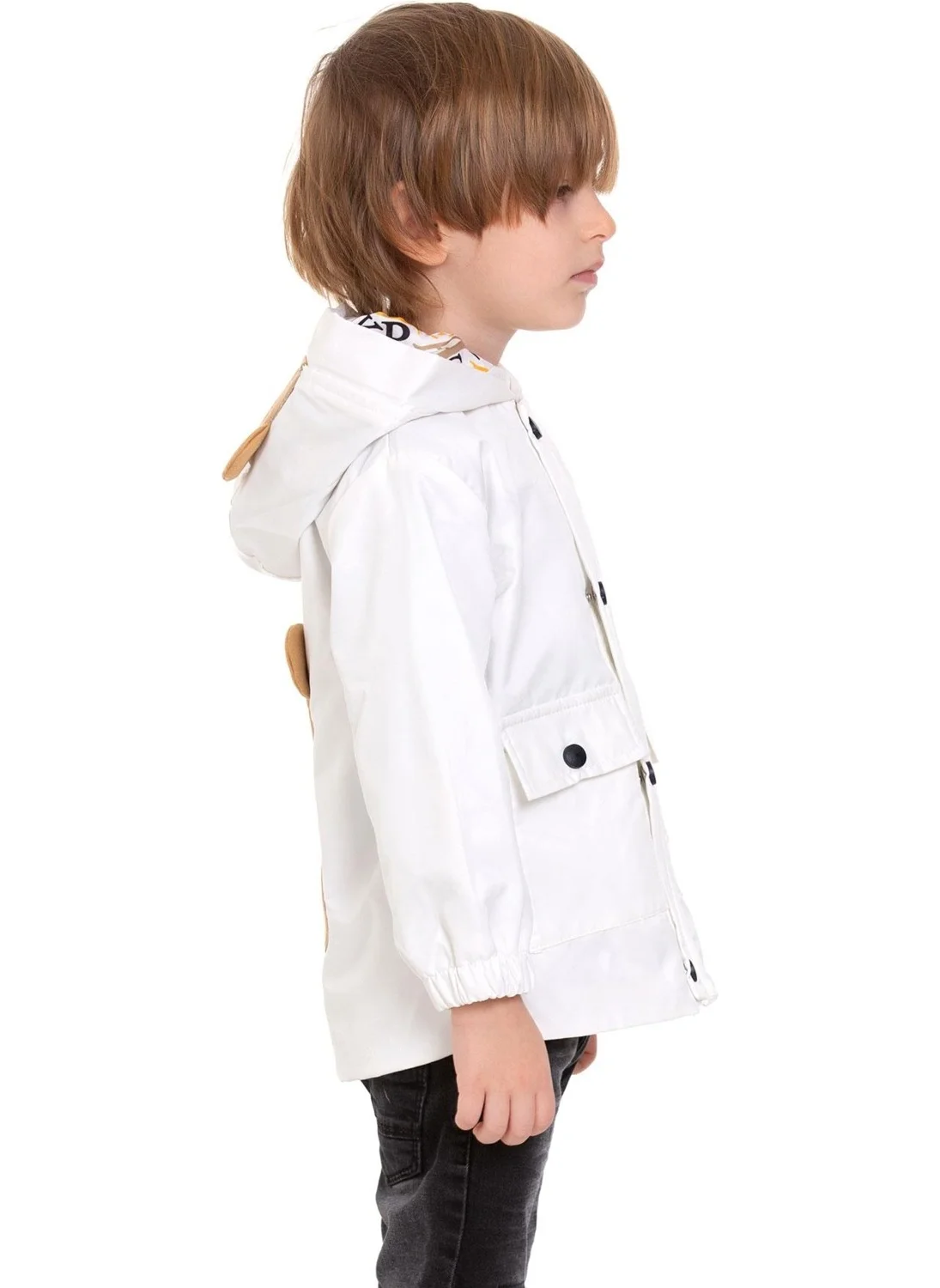 Zepkids Hooded Long Sleeve Bear Printed White Color Boy Raincoat