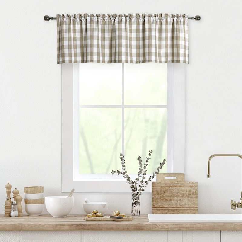 Bapawfish Beige Buffalo Plaid Kitchen Valance Tan Buffalo Checkered Gingham Curtains Rod Pocket Retro Farmhouse Cafe Curtains 55 x 15 Linen
