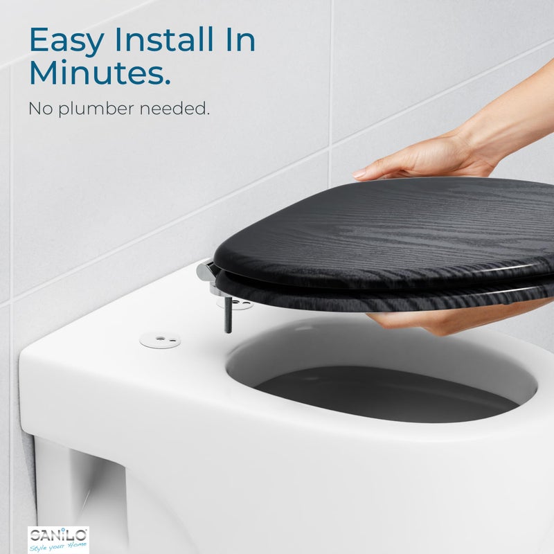 SANILO Wooden Toilet Seat with Soft Close [ELONGATED] - Decorative, Quiet & Slow Close Molded Wood Seat - With Strong Bumpers & Hinges - Adjustable Fit - Black Wood - Image 5