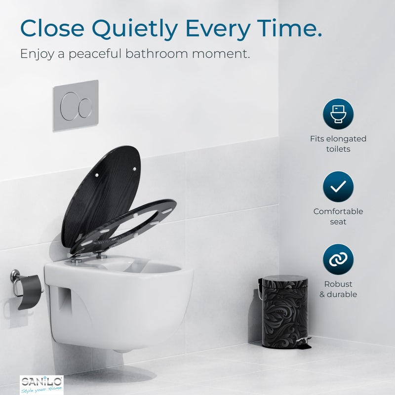 SANILO Wooden Toilet Seat with Soft Close [ELONGATED] - Decorative, Quiet & Slow Close Molded Wood Seat - With Strong Bumpers & Hinges - Adjustable Fit - Black Wood - Image 2