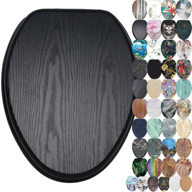 SANILO Wooden Toilet Seat with Soft Close [ELONGATED] - Decorative, Quiet & Slow Close Molded Wood Seat - With Strong Bumpers & Hinges - Adjustable Fit - Black Wood - Image 1