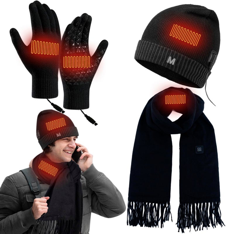 QZUnique Heated Hat Scarf Gloves Set - 3 Pcs Winter Heated Gloves for Arthritis Hands Rechargeable Warming Beanie Scarf for Women Men (Black) - Image 1